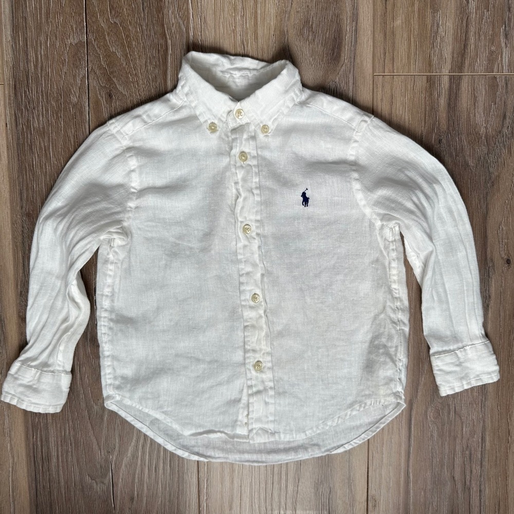 Polo Ralph Lauren Kids White 100% Linen Long Sleeve Button Down Shirt Size 2